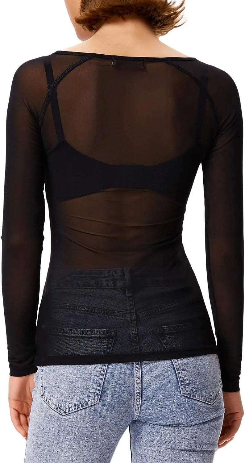GRACE KARIN Women's Long Sleeve See Through Mesh Sheer Top Blouse Shirt