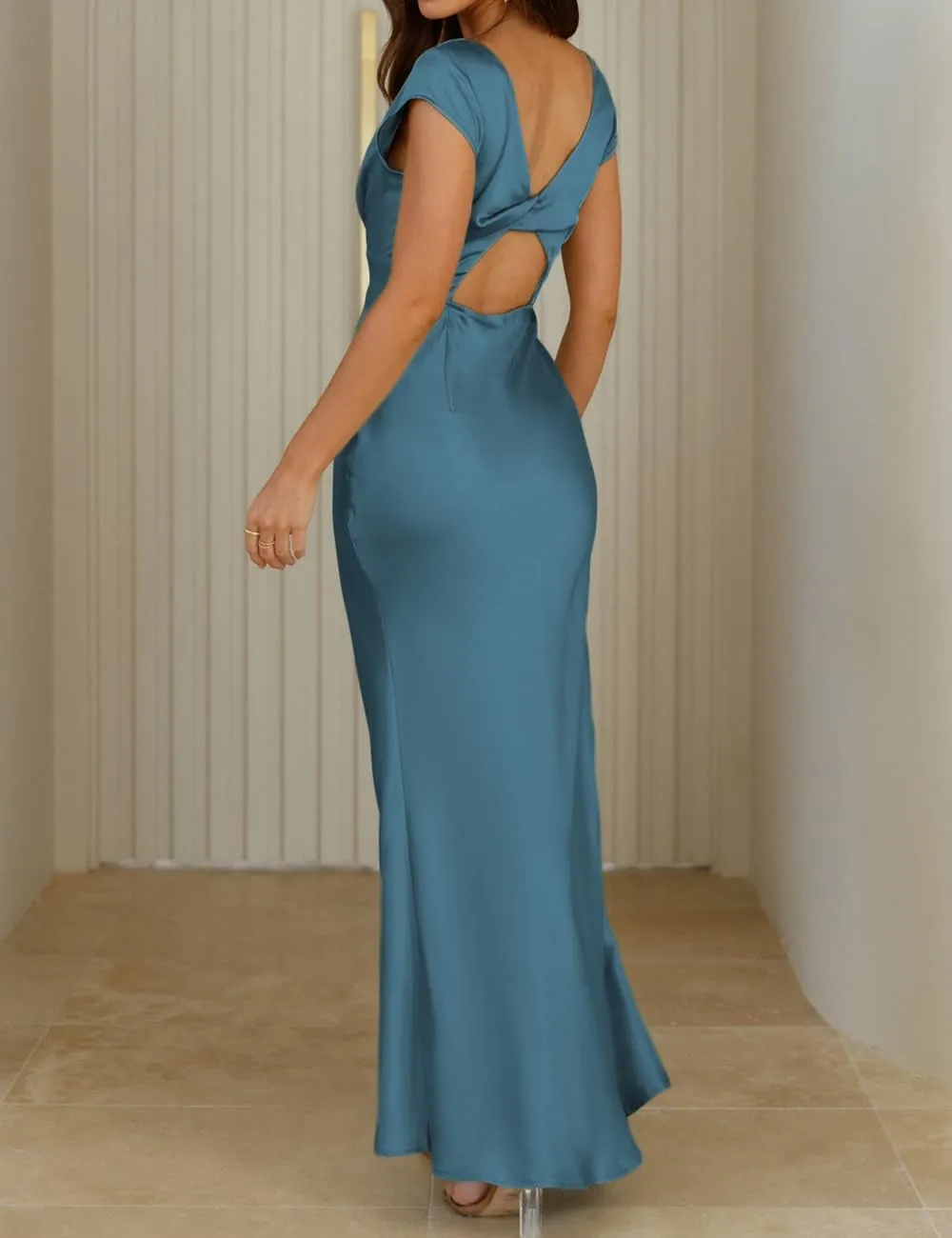 Halfisland Womens Summer Satin V Neck Cap Sleeve Backless Maxi Dress Elegant Twist Cut Out Midi Dresses Wedding Guest
