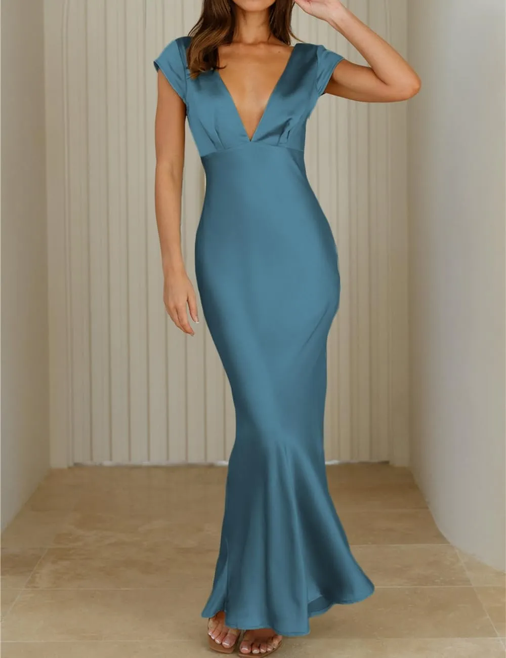 Halfisland Womens Summer Satin V Neck Cap Sleeve Backless Maxi Dress Elegant Twist Cut Out Midi Dresses Wedding Guest