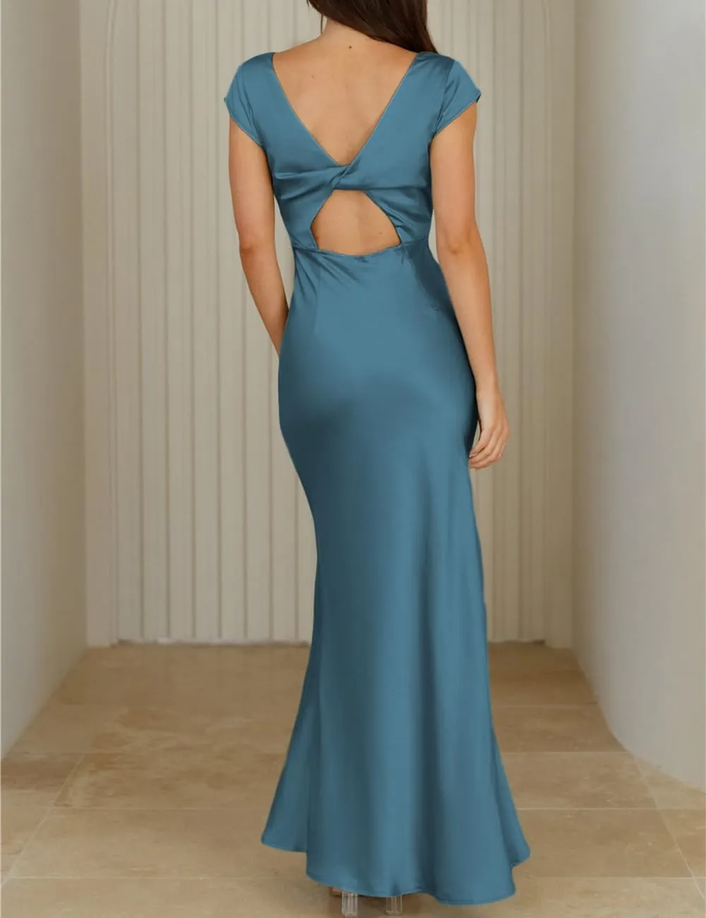 Halfisland Womens Summer Satin V Neck Cap Sleeve Backless Maxi Dress Elegant Twist Cut Out Midi Dresses Wedding Guest