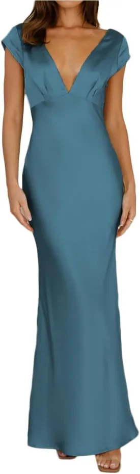 Halfisland Womens Summer Satin V Neck Cap Sleeve Backless Maxi Dress Elegant Twist Cut Out Midi Dresses Wedding Guest