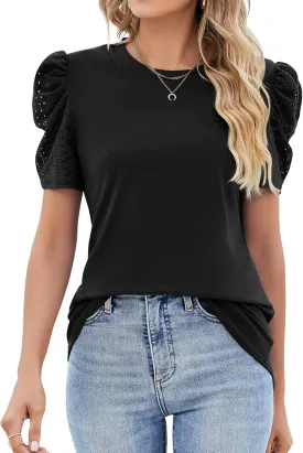 Ivicoer Puff Short Sleeve Shirt for Women Eyelet Tops Summer Crewneck Blouse Loose Fit S-XXL