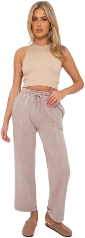 Janisramone Womens Wide Leg Trousers, Elastic Waist Drawstring Joggers Women, Acid Washed Fleece Baggy Joggers Side Pockets