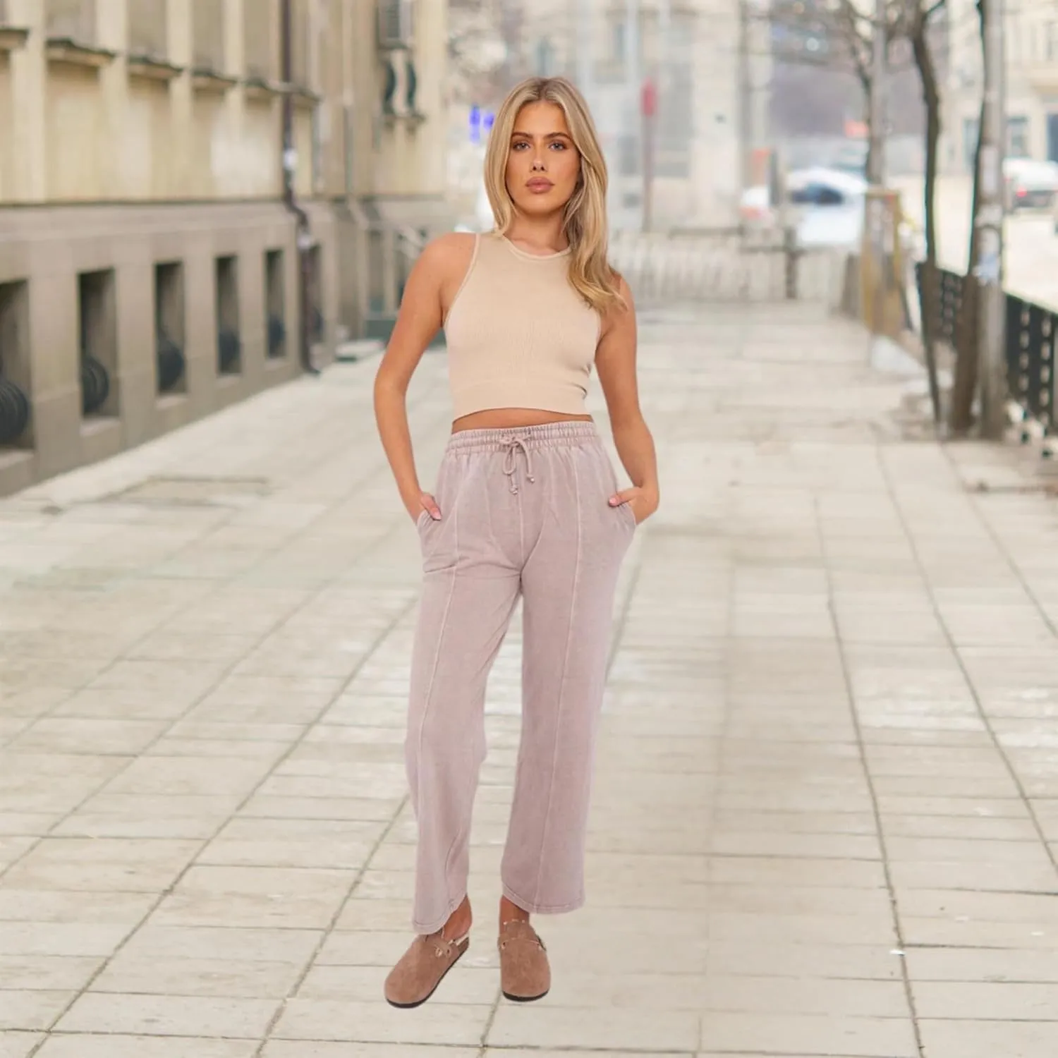 Janisramone Womens Wide Leg Trousers, Elastic Waist Drawstring Joggers Women, Acid Washed Fleece Baggy Joggers Side Pockets