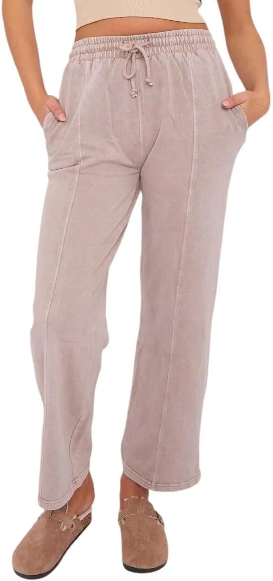Janisramone Womens Wide Leg Trousers, Elastic Waist Drawstring Joggers Women, Acid Washed Fleece Baggy Joggers Side Pockets