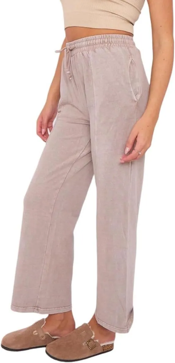 Janisramone Womens Wide Leg Trousers, Elastic Waist Drawstring Joggers Women, Acid Washed Fleece Baggy Joggers Side Pockets