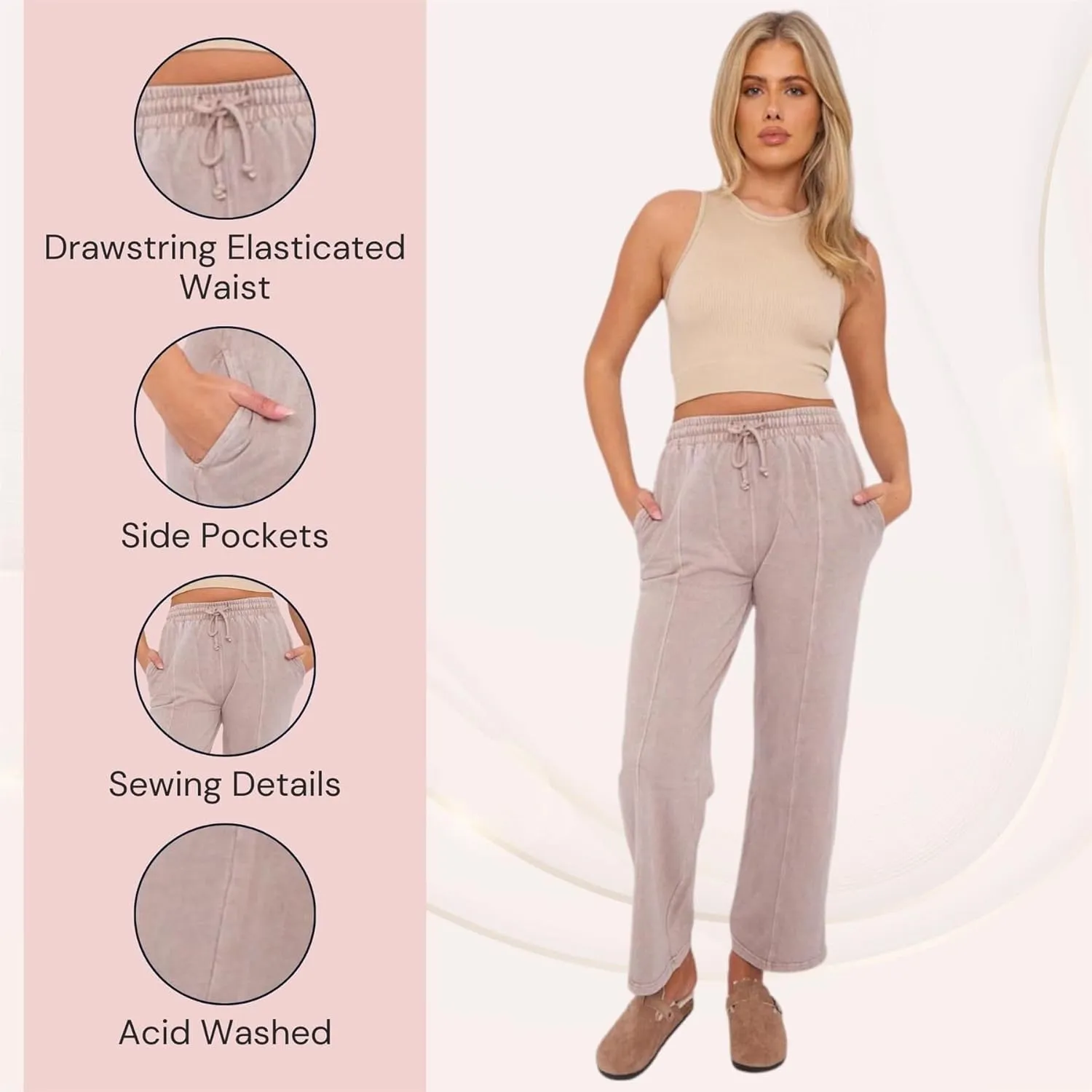 Janisramone Womens Wide Leg Trousers, Elastic Waist Drawstring Joggers Women, Acid Washed Fleece Baggy Joggers Side Pockets