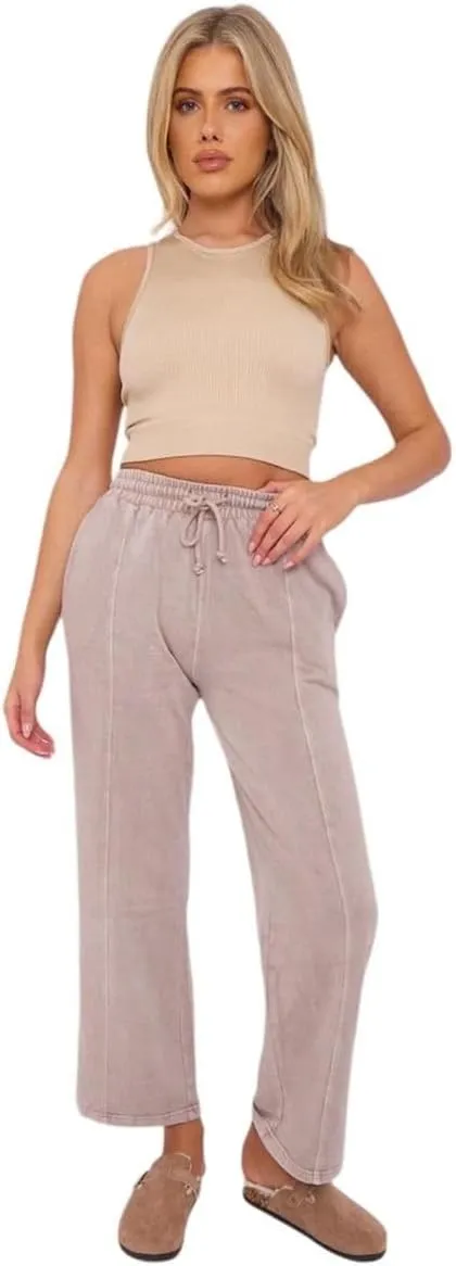 Janisramone Womens Wide Leg Trousers, Elastic Waist Drawstring Joggers Women, Acid Washed Fleece Baggy Joggers Side Pockets