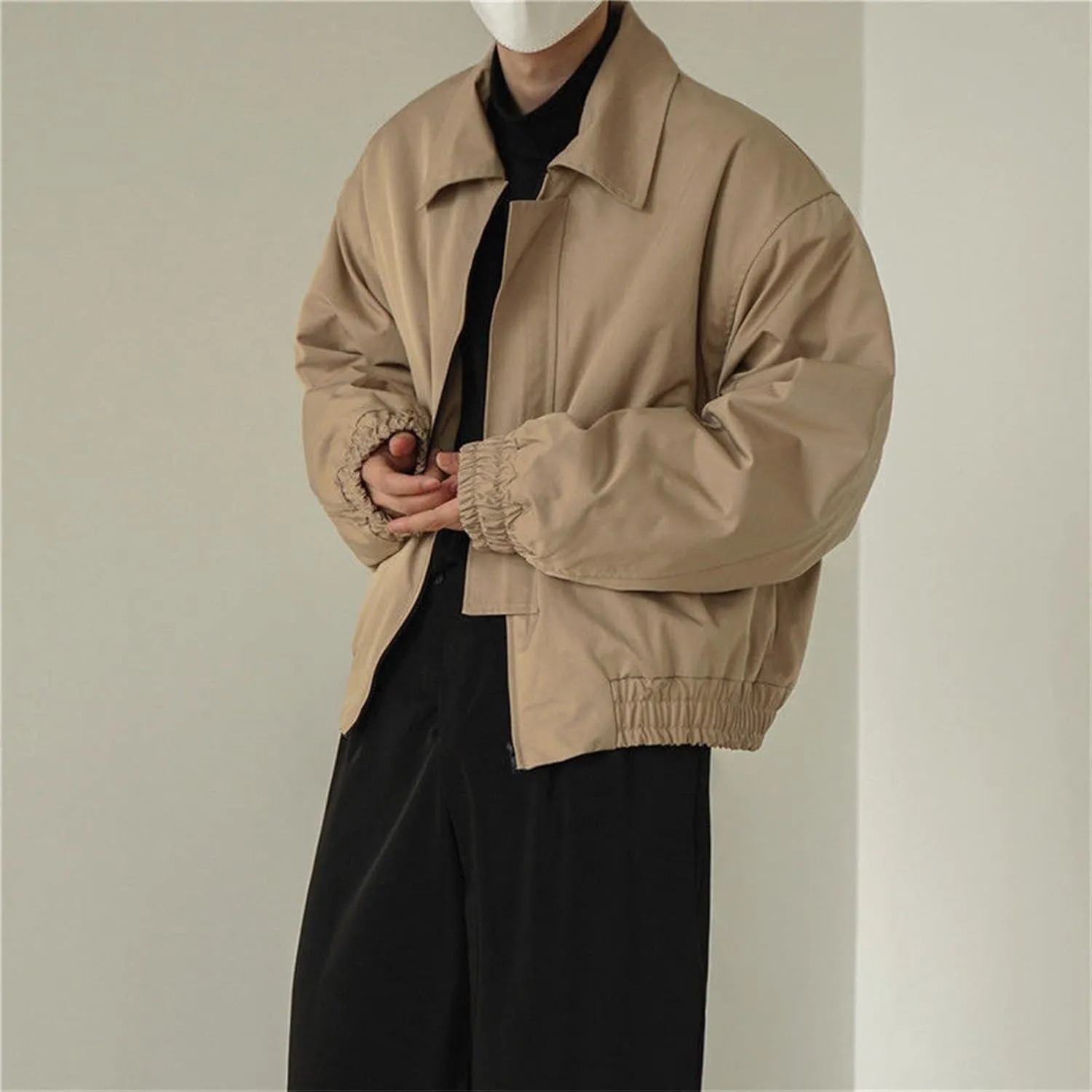 JEsilunmaMY Mens Fall Lapel Cropped Cargo Jacket Vintage Long Sleeve Zipper Windbreaker Casual Loose Short Bomber Jacket