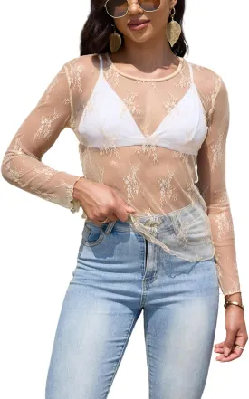 Lace Tops for Women Mesh Long Sleeve Top Crew Neck Sheer Blouse Sexy See Through Layering Shirts Outfits