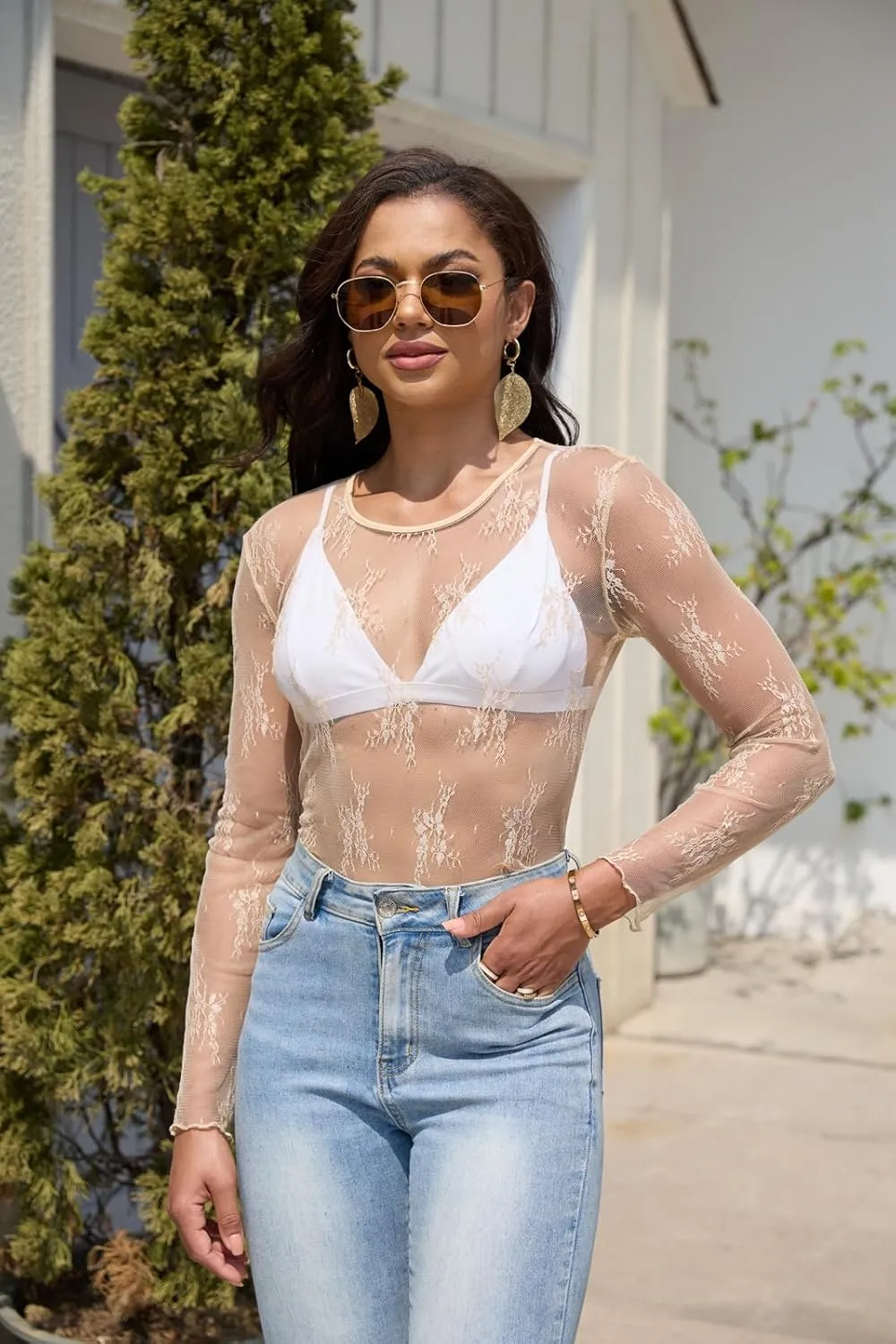 Lace Tops for Women Mesh Long Sleeve Top Crew Neck Sheer Blouse Sexy See Through Layering Shirts Outfits