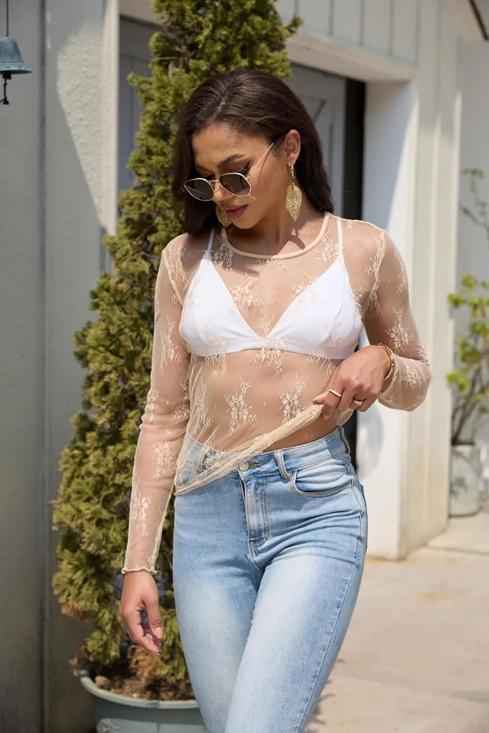 Lace Tops for Women Mesh Long Sleeve Top Crew Neck Sheer Blouse Sexy See Through Layering Shirts Outfits