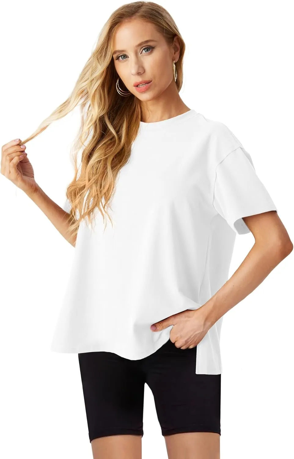 Lepunuo Oversized T Shirts for Women Summer Tops 2024 Trendy Cotton Casual Loose Fit Short Sleeve Side Slit Tee Shirts