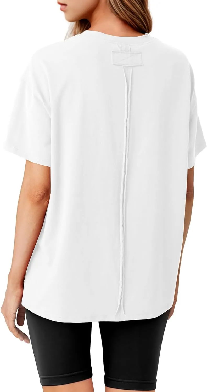 Lepunuo Oversized T Shirts for Women Summer Tops 2024 Trendy Cotton Casual Loose Fit Short Sleeve Side Slit Tee Shirts