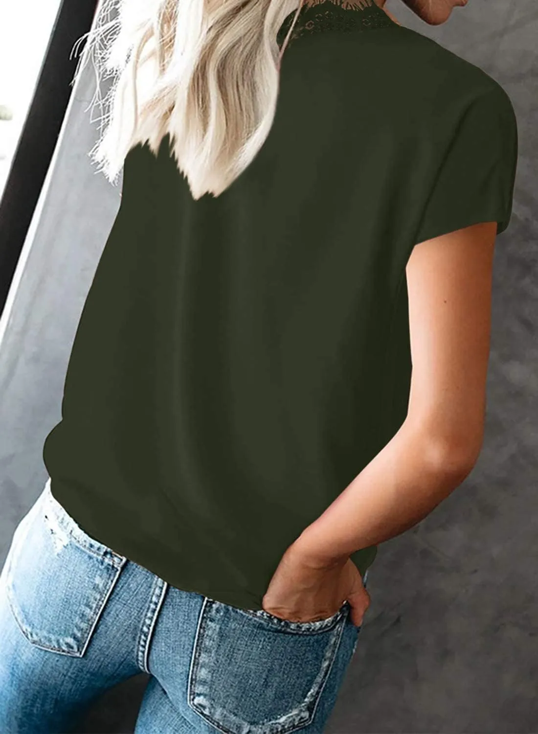lime flare Dressy Lace Trim Blouse Tops Popular Short Sleeve Shirt