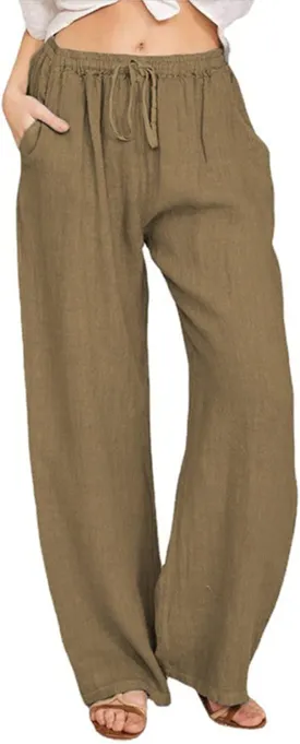 Linen Pants for Women Drawstring Elastic Waist Wide Leg Pant Summer Breathable Solid Boho Flowy Beach Pant Trousers