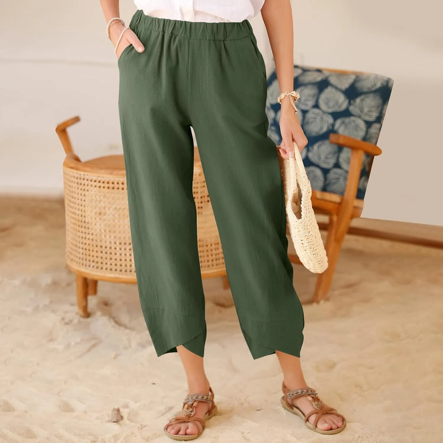 Linen Pants Women Summer Casual Capri Pants Elastic Waist Crop Palazzo Trousers with Pockets Baggy Trendy Beach Pant