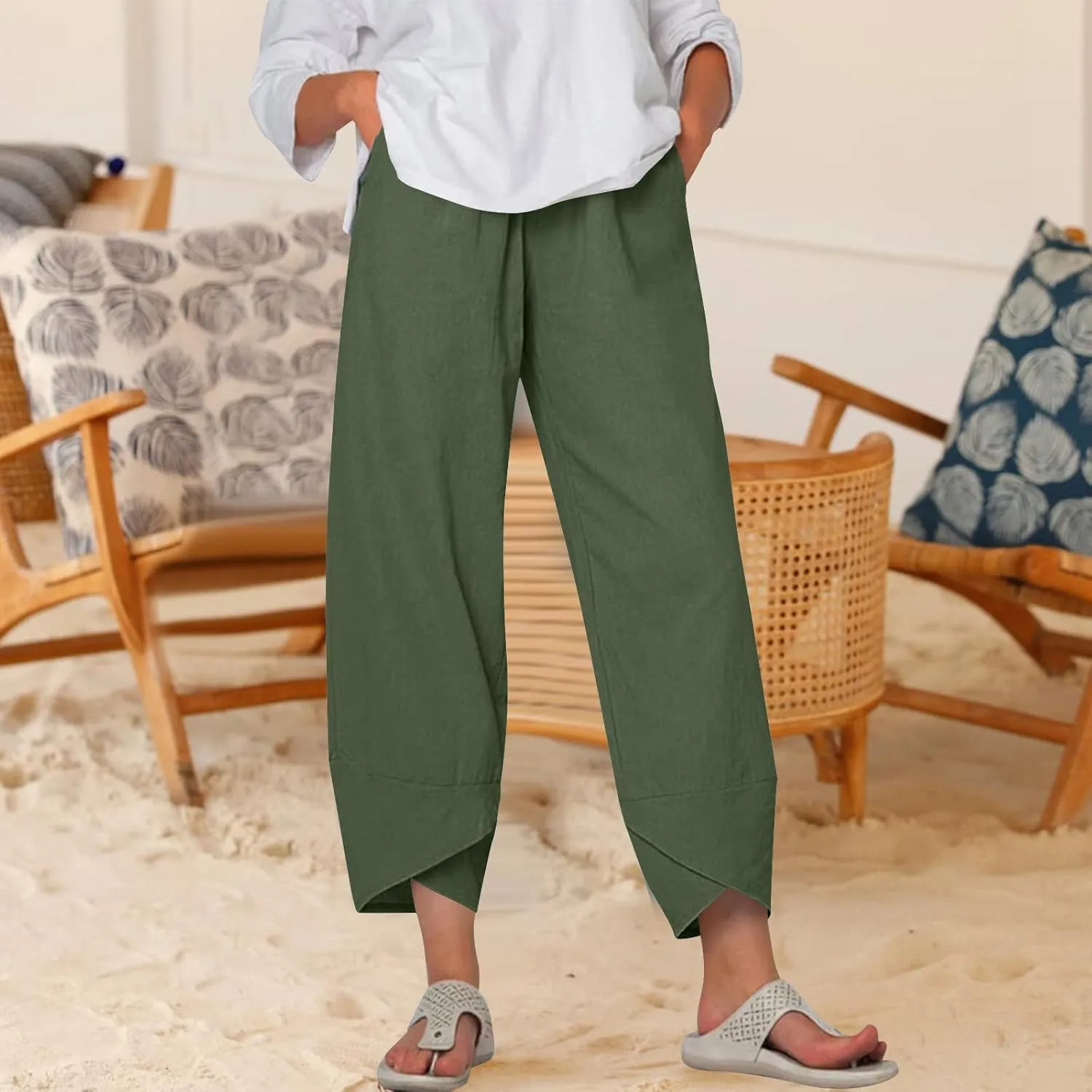 Linen Pants Women Summer Casual Capri Pants Elastic Waist Crop Palazzo Trousers with Pockets Baggy Trendy Beach Pant