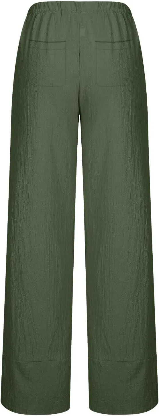 Linen Pants Women Summer Casual Capri Pants Elastic Waist Crop Palazzo Trousers with Pockets Baggy Trendy Beach Pant