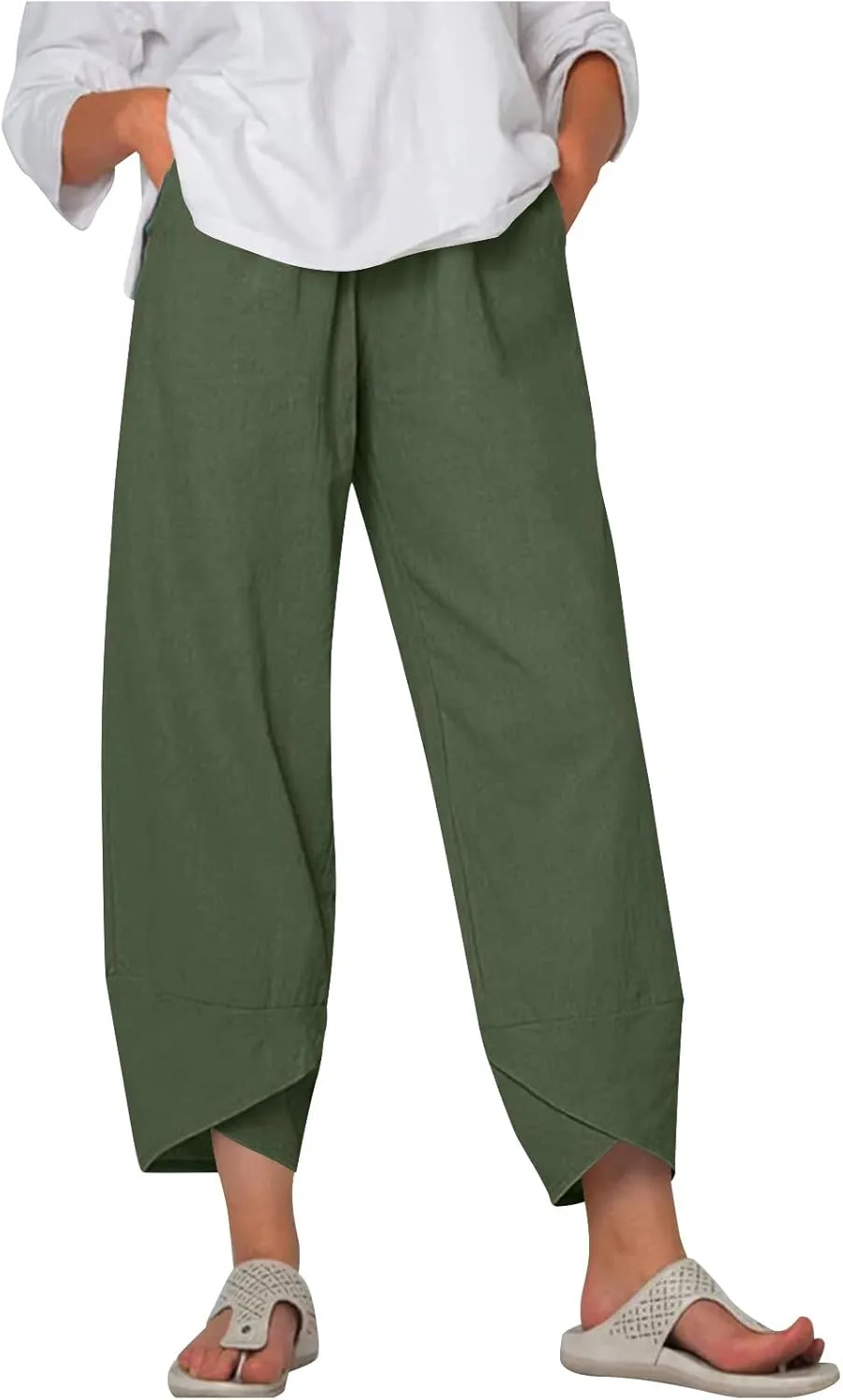 Linen Pants Women Summer Casual Capri Pants Elastic Waist Crop Palazzo Trousers with Pockets Baggy Trendy Beach Pant