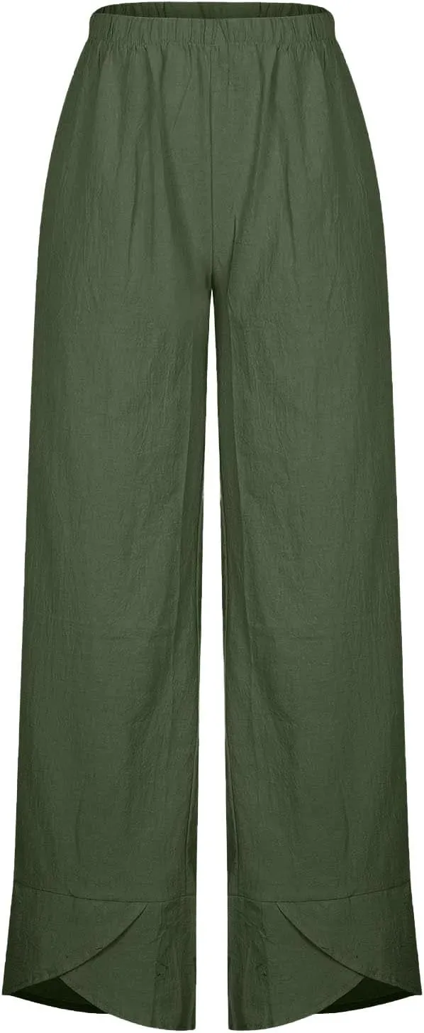 Linen Pants Women Summer Casual Capri Pants Elastic Waist Crop Palazzo Trousers with Pockets Baggy Trendy Beach Pant