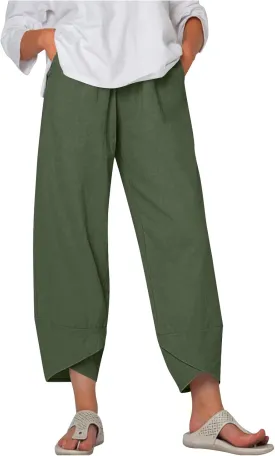 Linen Pants Women Summer Casual Capri Pants Elastic Waist Crop Palazzo Trousers with Pockets Baggy Trendy Beach Pant