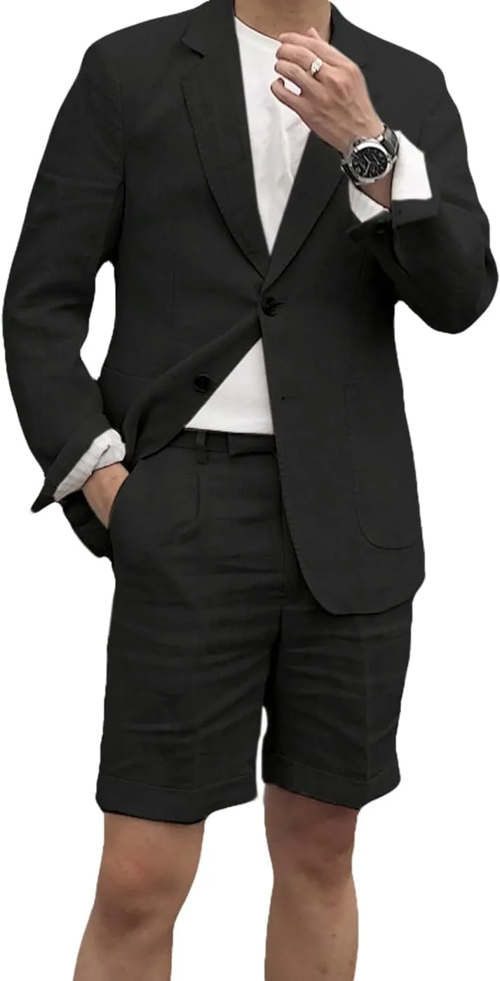 Men's 2 Piece Linen Suits Set Regular Fit Casual Lightweight Blazer Jacket and Summer Shorts for Men (Jacket Shorts)