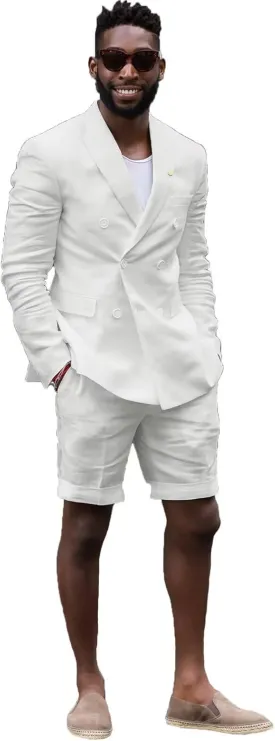 Mens Double Breasted Linen Suit Set with Shorts 2 Piece Suits for Men Beach Wedding JXZ014