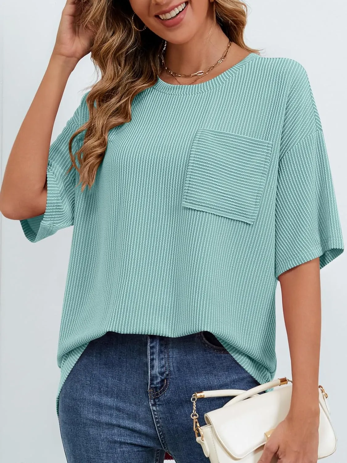 MEROKEETY Women's Summer Short Sleeve Tops Oversized Crewneck Textured Blouse Casual Basic Tunic Tee