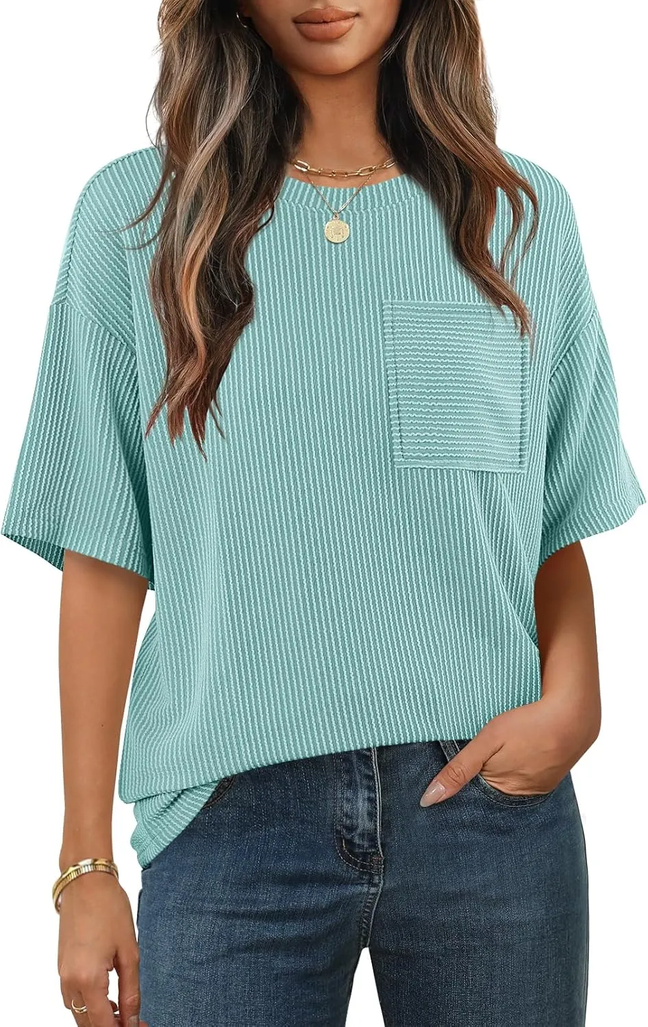 MEROKEETY Women's Summer Short Sleeve Tops Oversized Crewneck Textured Blouse Casual Basic Tunic Tee