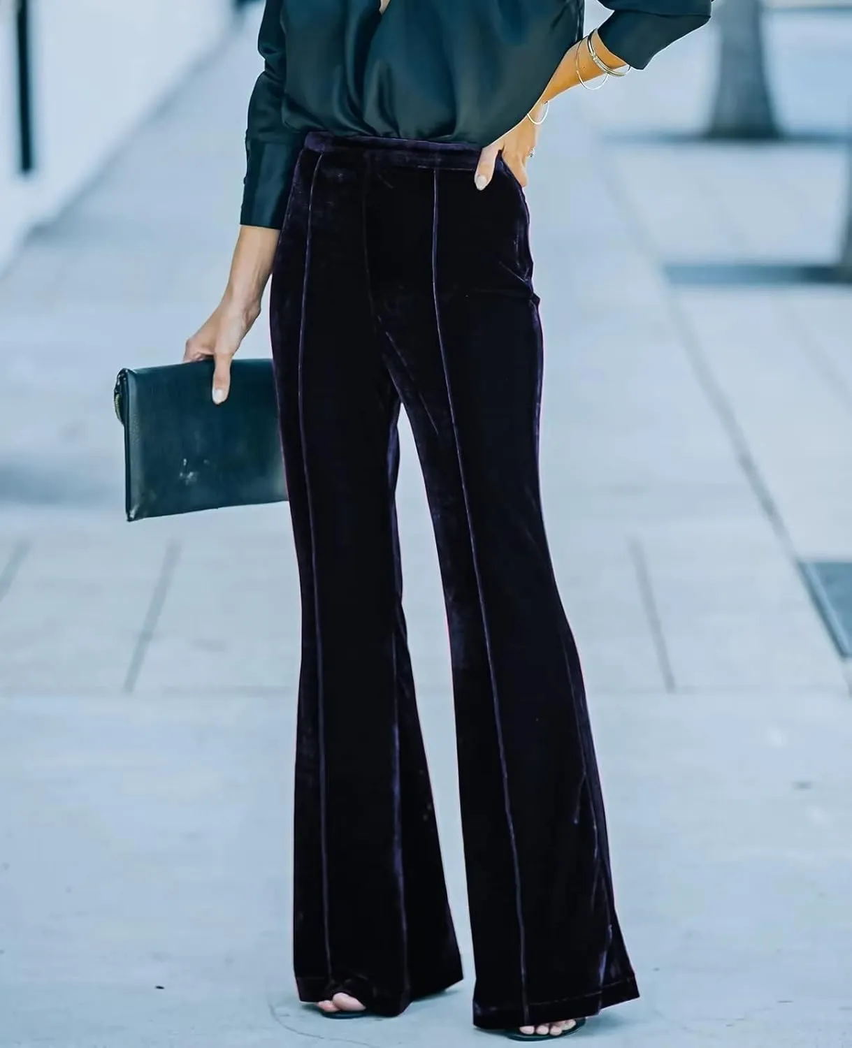 Neyaolk Women Velvet Flare Pants Elastic High Waist Side Zipper Bell Bottom Trousers