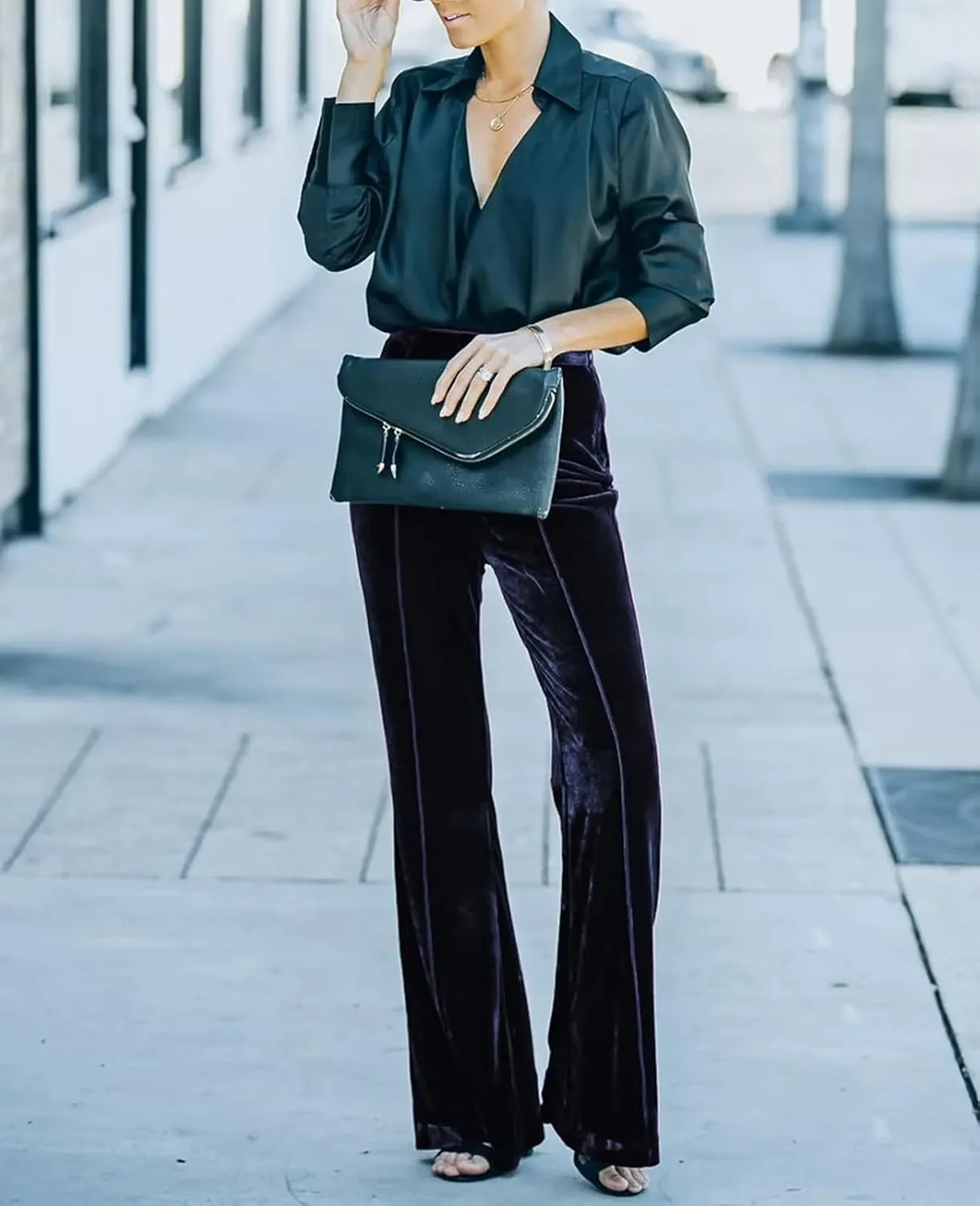Neyaolk Women Velvet Flare Pants Elastic High Waist Side Zipper Bell Bottom Trousers