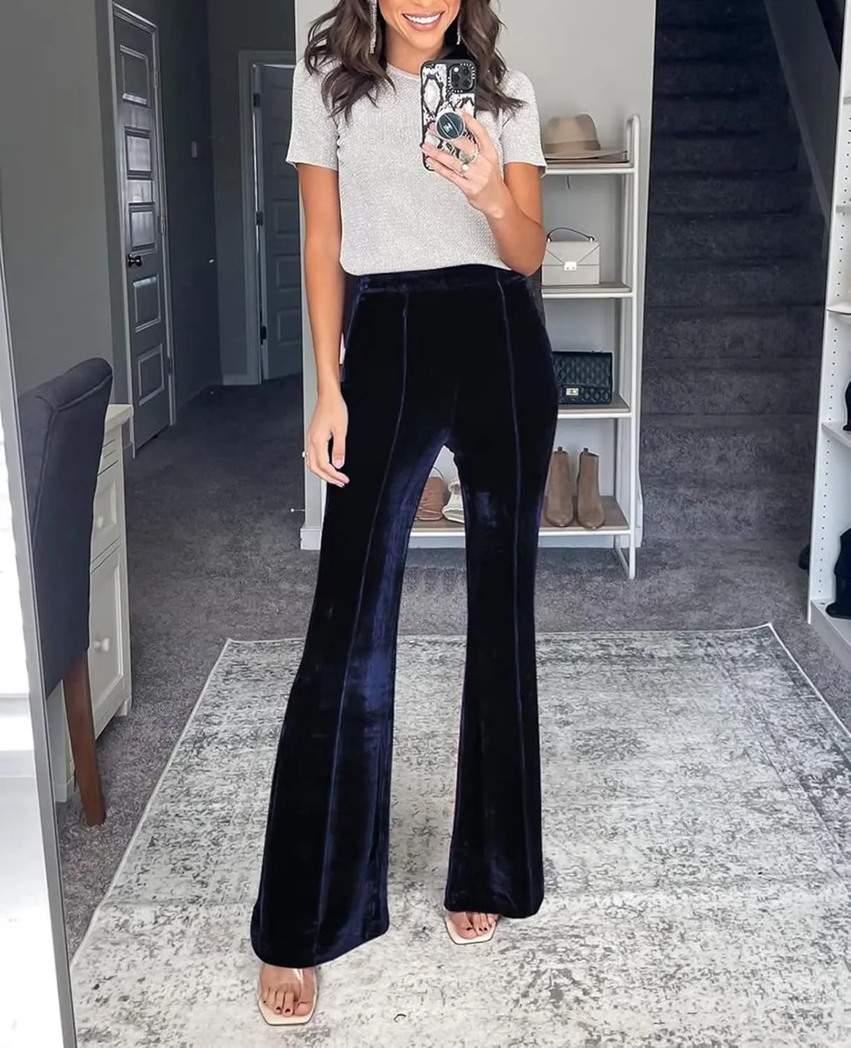 Neyaolk Women Velvet Flare Pants Elastic High Waist Side Zipper Bell Bottom Trousers