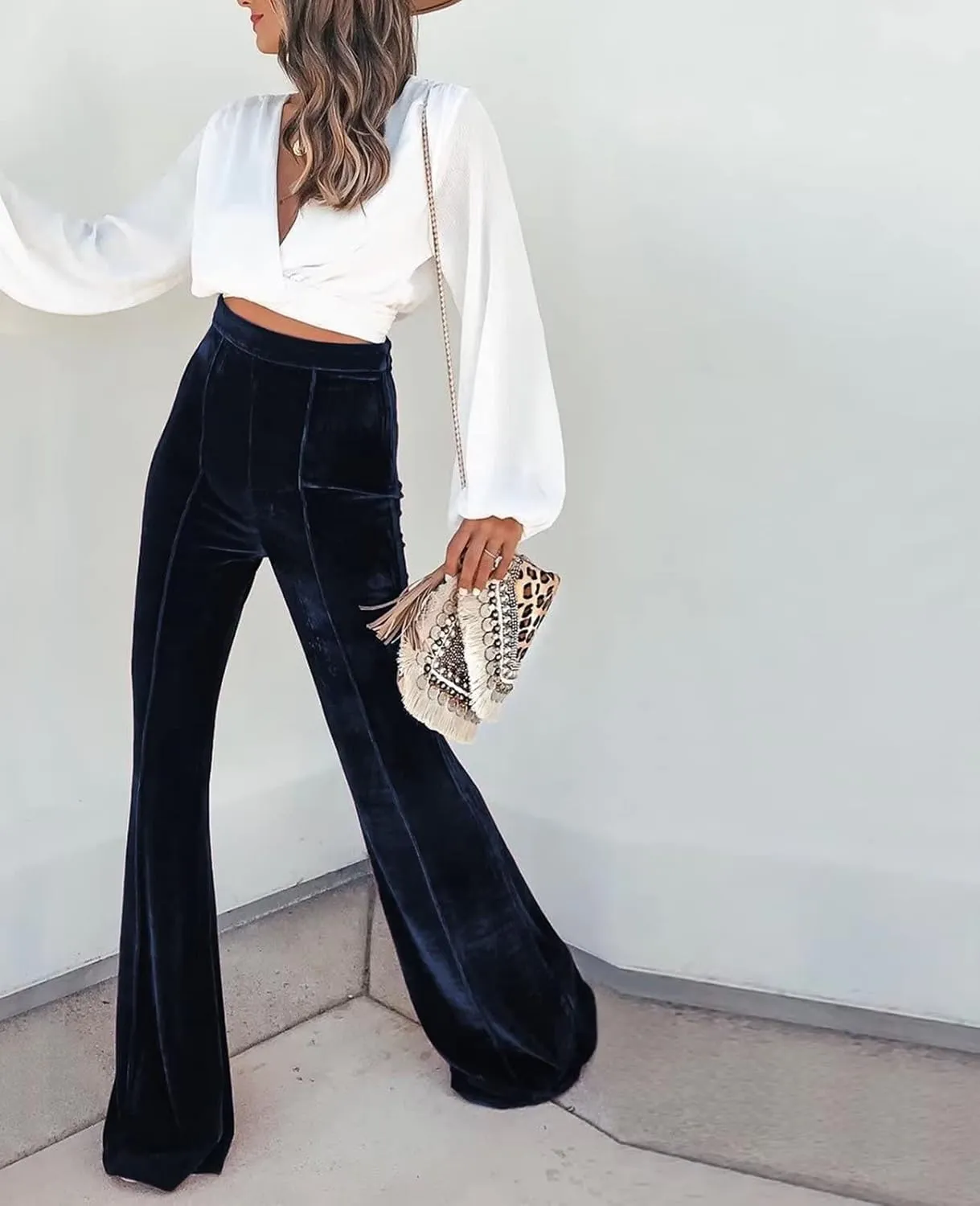 Neyaolk Women Velvet Flare Pants Elastic High Waist Side Zipper Bell Bottom Trousers