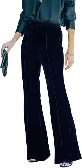 Neyaolk Women Velvet Flare Pants Elastic High Waist Side Zipper Bell Bottom Trousers