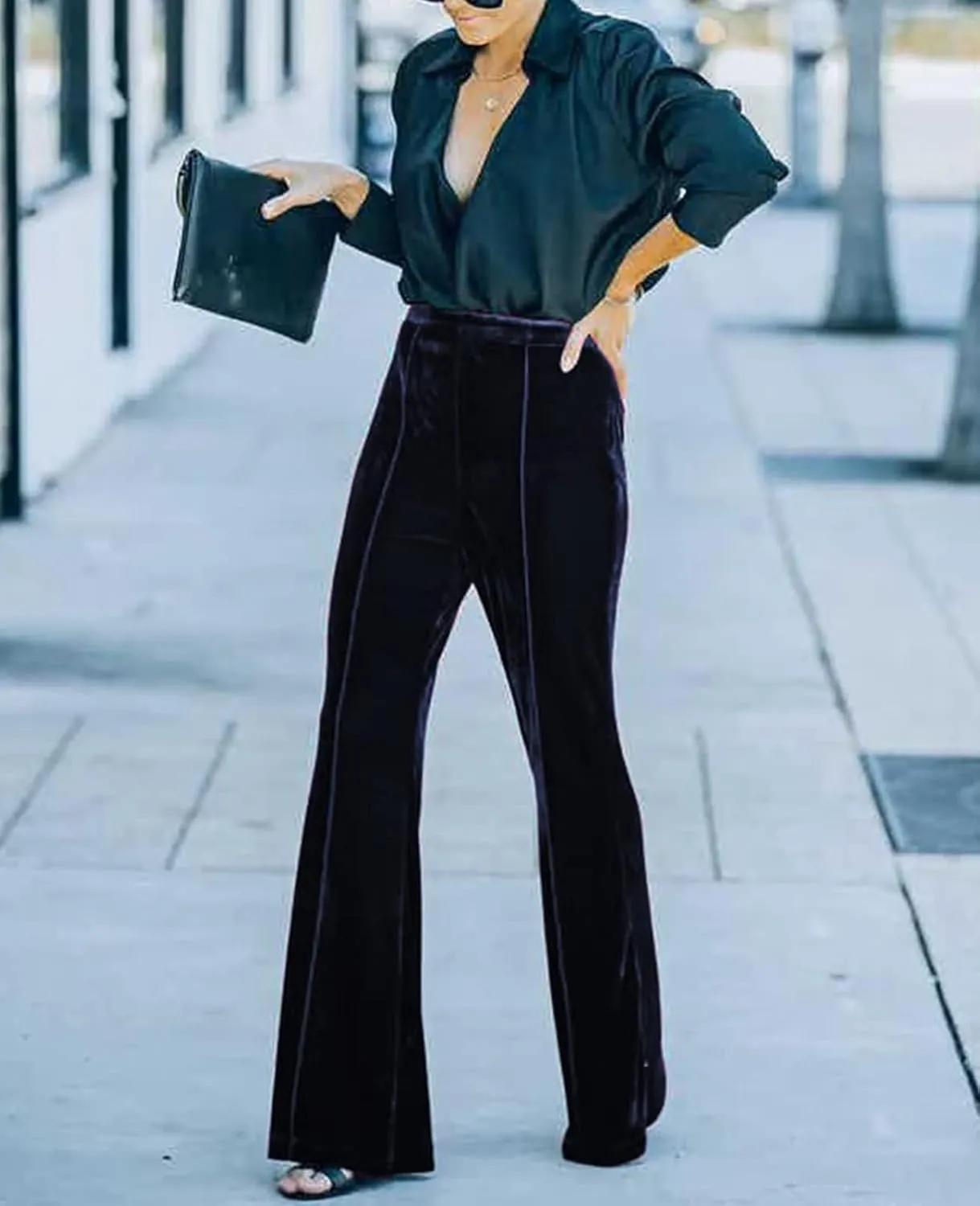 Neyaolk Women Velvet Flare Pants Elastic High Waist Side Zipper Bell Bottom Trousers