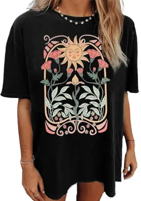 Oversized Vintage Wildflowers Shirt for Women Cute Butterfly Mushroom Graphic Shirt Casual Hippie 70s T-Shirt