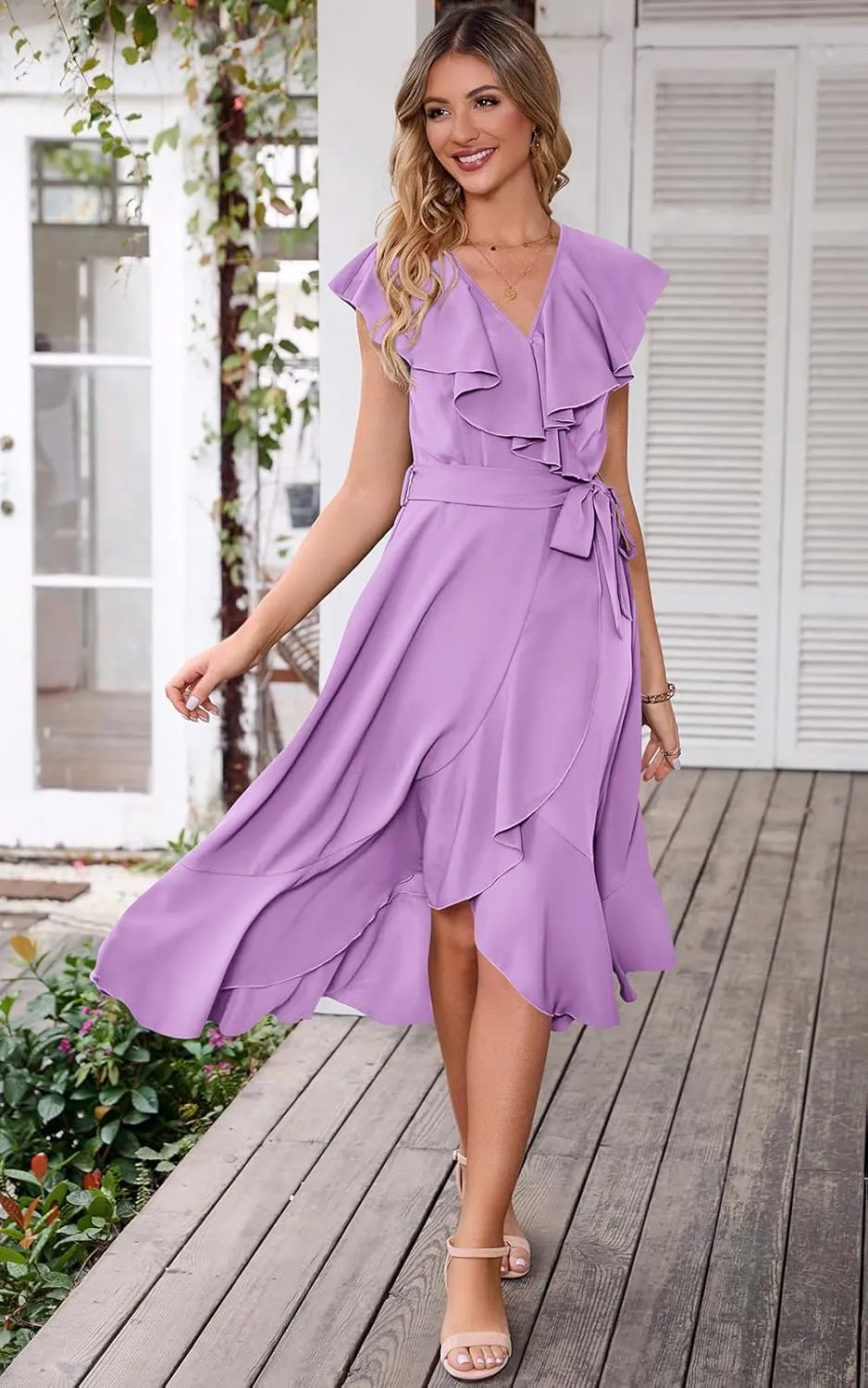 PRETTYGARDEN Women's 2025 Summer Cross Midi Dress Casual Boho Deep V Neck Short Sleeve Ruffle Hem Split Beach Long Dresses