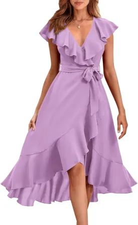 PRETTYGARDEN Women's 2025 Summer Cross Midi Dress Casual Boho Deep V Neck Short Sleeve Ruffle Hem Split Beach Long Dresses