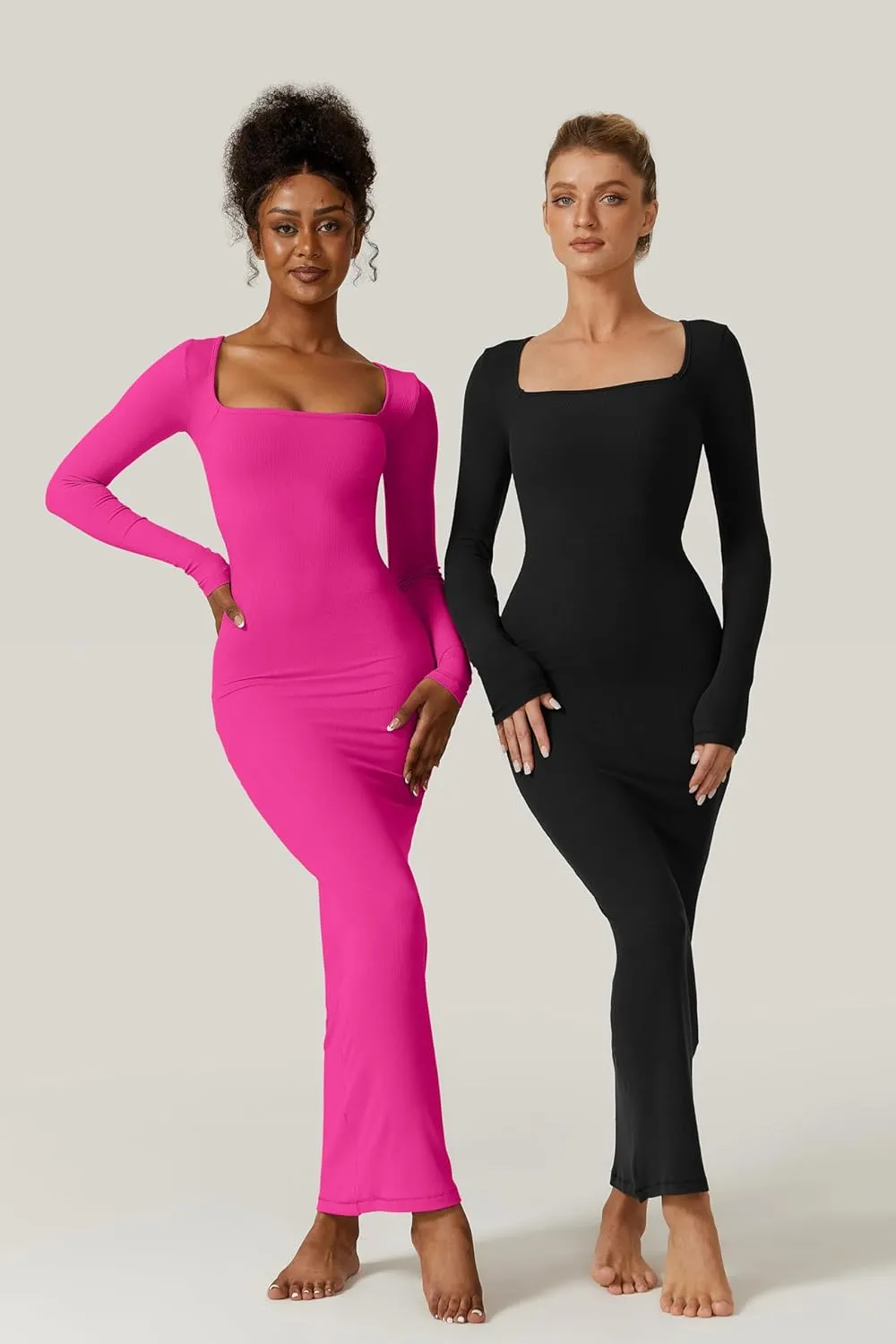 QINSEN Women's Long Maxi Dress Square Neck Long Sleeve Ribbed Bodycon Lounge Dresses