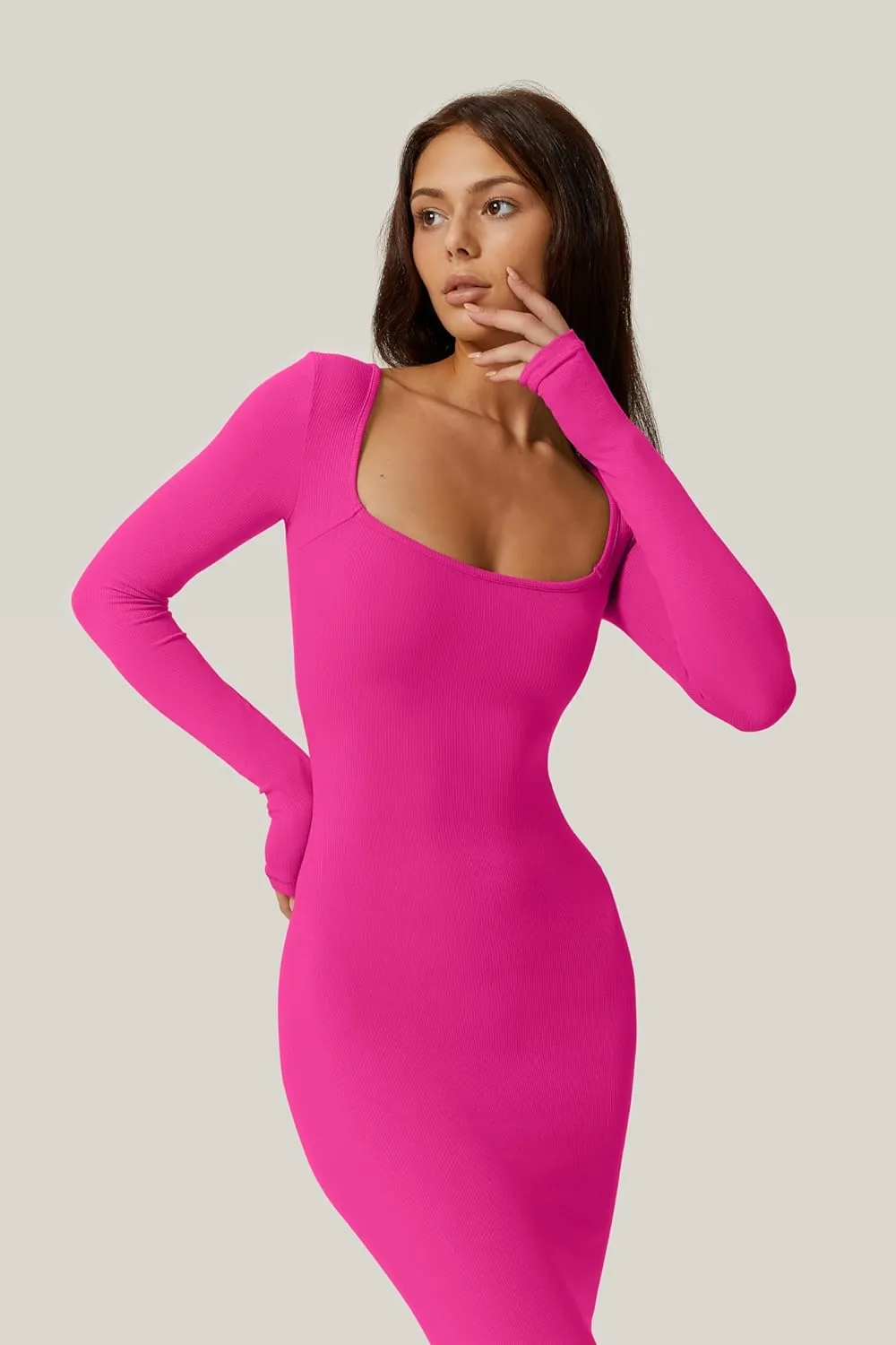 QINSEN Women's Long Maxi Dress Square Neck Long Sleeve Ribbed Bodycon Lounge Dresses