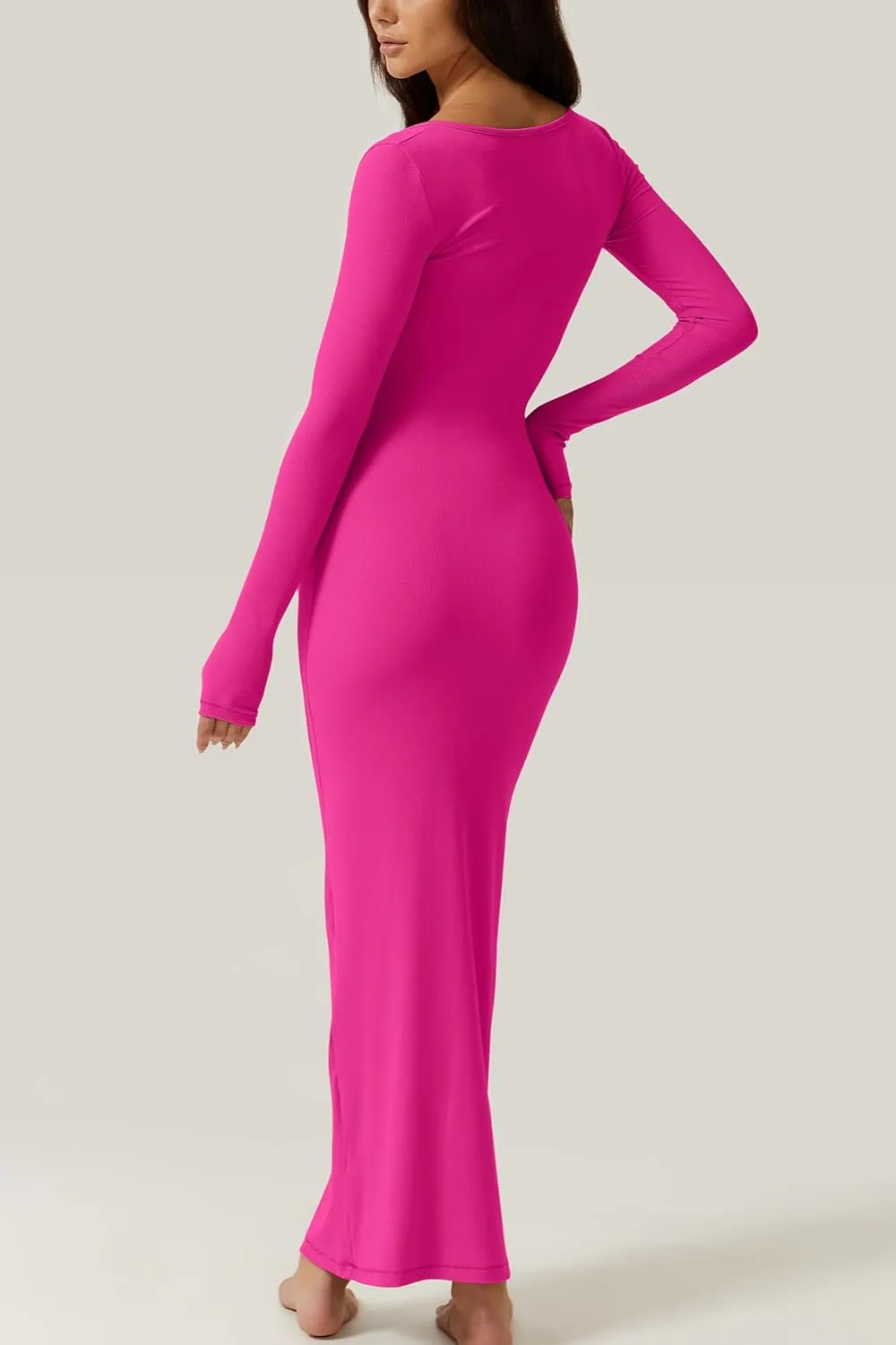 QINSEN Women's Long Maxi Dress Square Neck Long Sleeve Ribbed Bodycon Lounge Dresses
