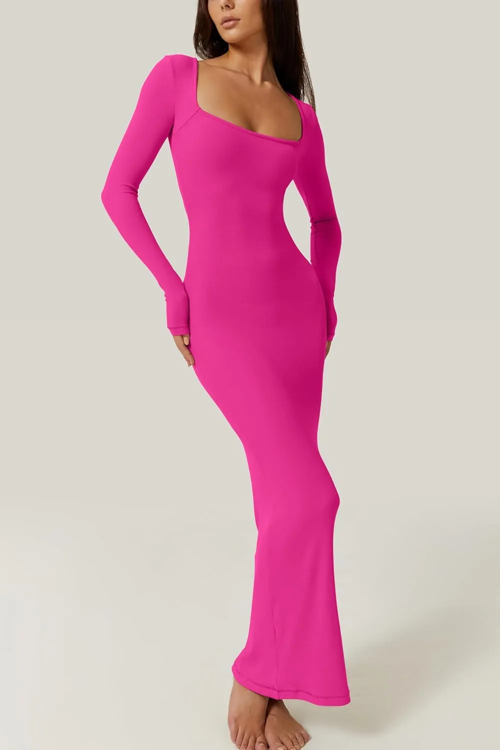 QINSEN Women's Long Maxi Dress Square Neck Long Sleeve Ribbed Bodycon Lounge Dresses