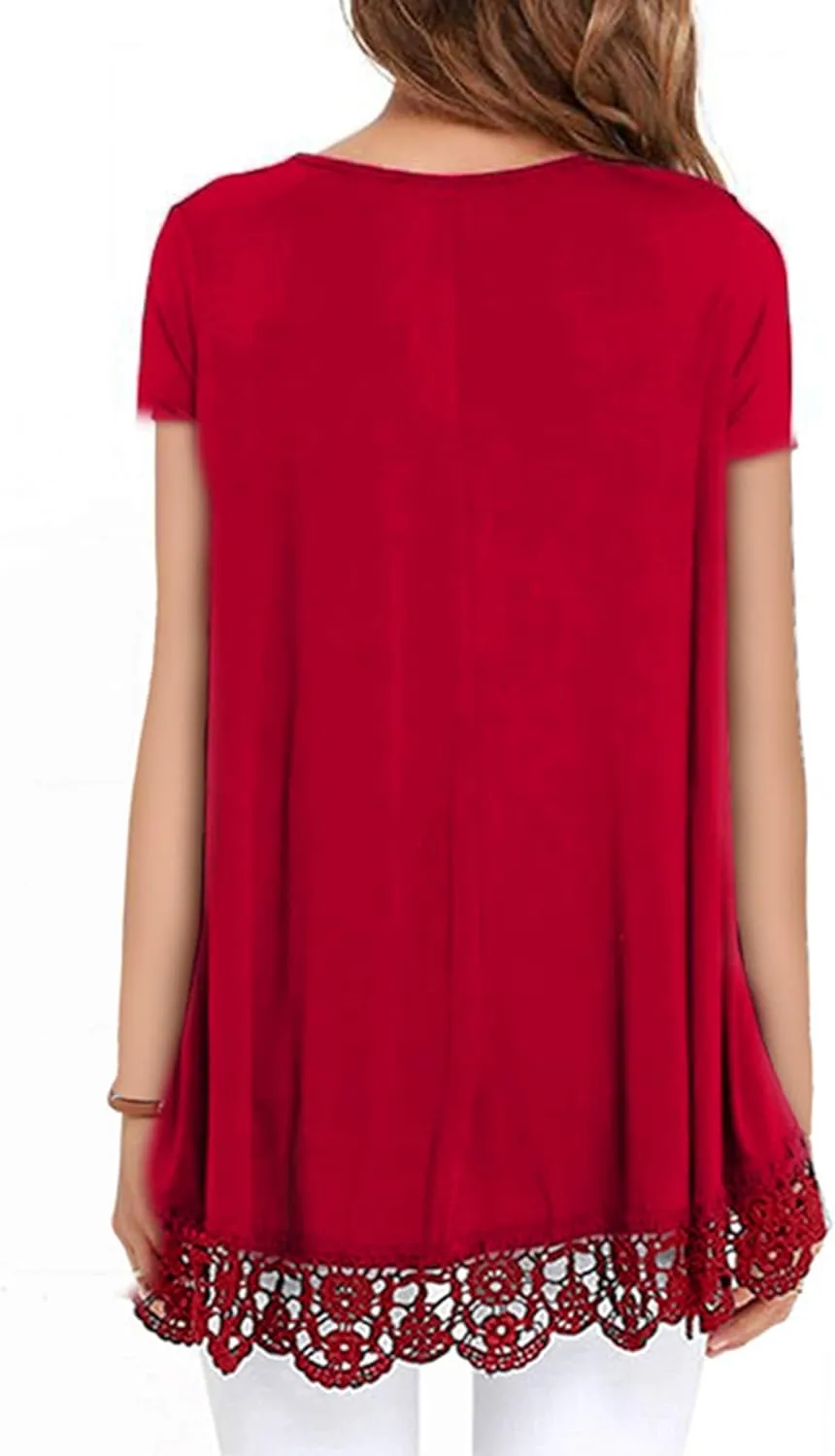 RAGEMALL Women's Tops Short Sleeve Lace Trim O-Neck A-Line Tunic Blouse Tops for Women