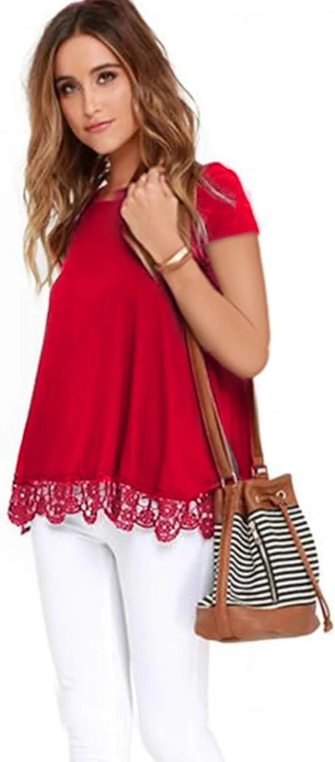 RAGEMALL Women's Tops Short Sleeve Lace Trim O-Neck A-Line Tunic Blouse Tops for Women