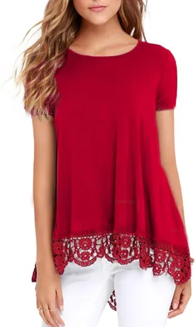 RAGEMALL Women's Tops Short Sleeve Lace Trim O-Neck A-Line Tunic Blouse Tops for Women