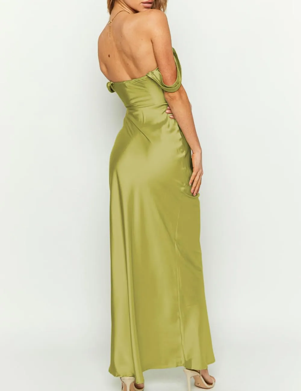Realtix Elegant Satin Off The Shoulder Ruched Backless Maxi Dress for Women Strapless Tube Sleeveless Bridesmaid Dresses
