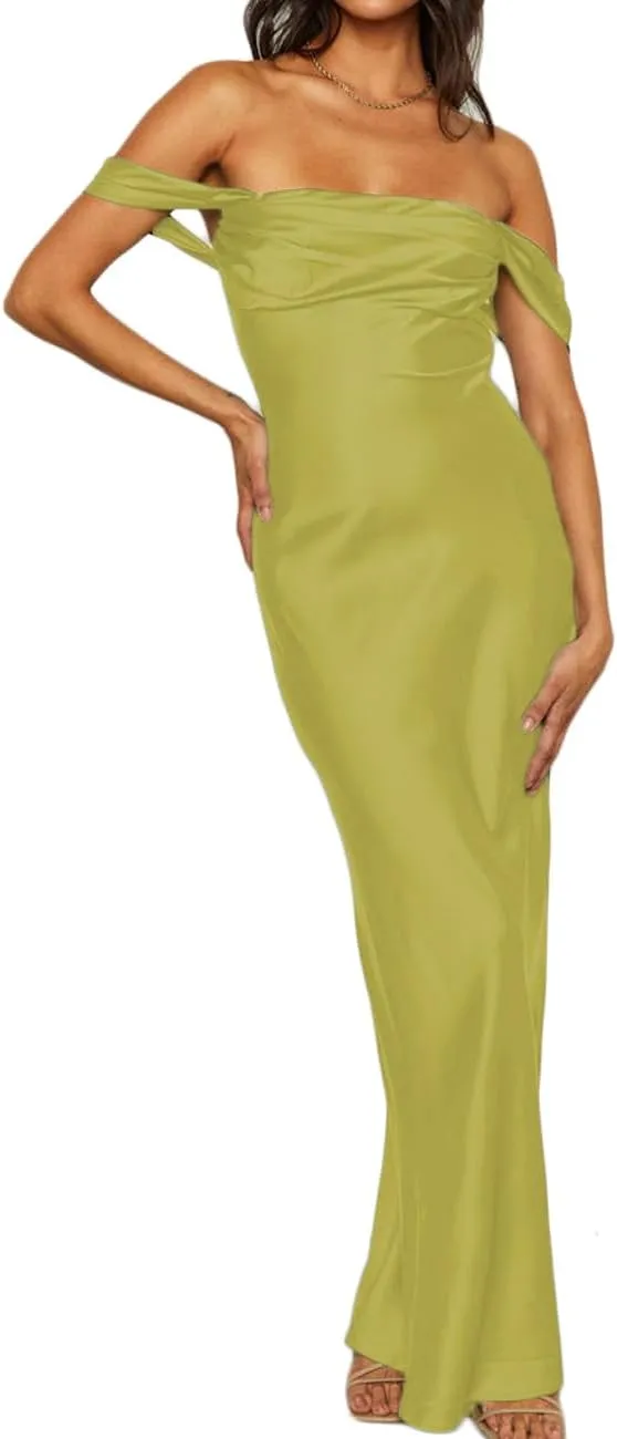 Realtix Elegant Satin Off The Shoulder Ruched Backless Maxi Dress for Women Strapless Tube Sleeveless Bridesmaid Dresses