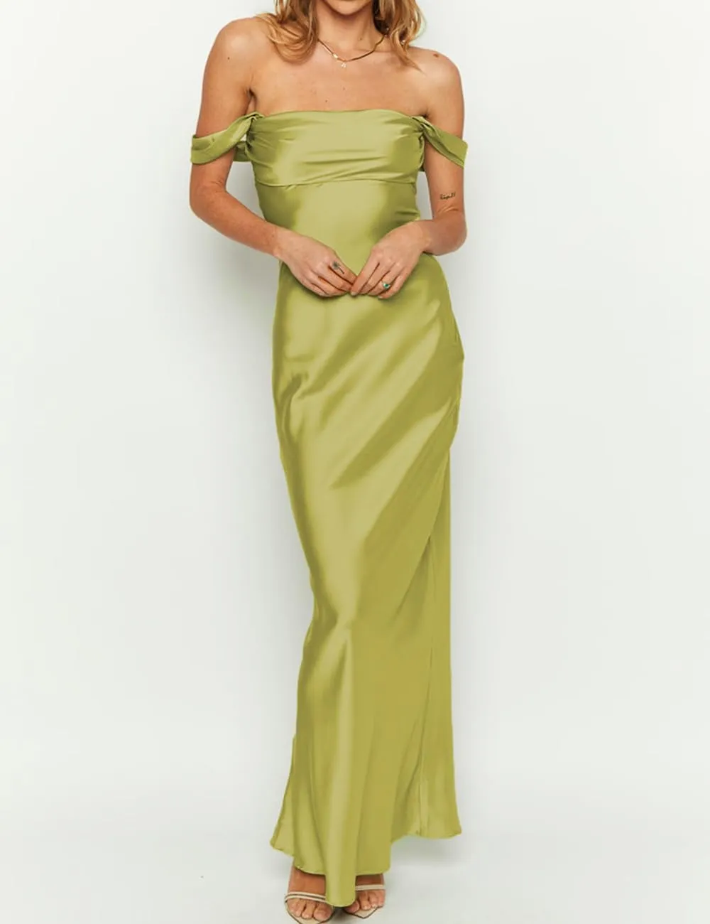 Realtix Elegant Satin Off The Shoulder Ruched Backless Maxi Dress for Women Strapless Tube Sleeveless Bridesmaid Dresses