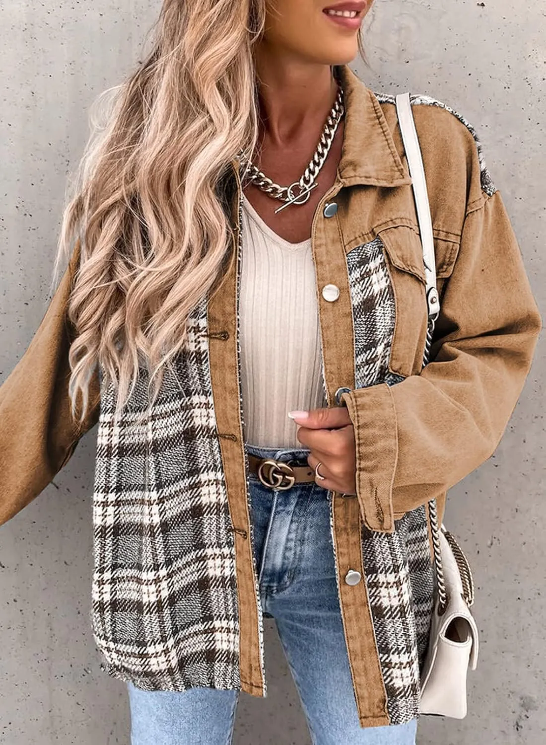 SHEWIN Women's Oversized Denim Jacket Casual Long Sleeve Button Down Plaid Shacket Boyfriend Jean Jacket With Pockets